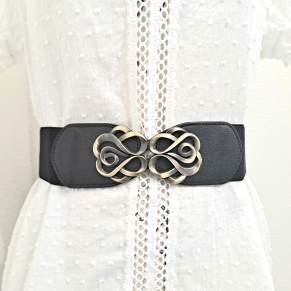 Boutique Accessories - Black antique gold ornate buckle corset boho elastic wide waist dress belt